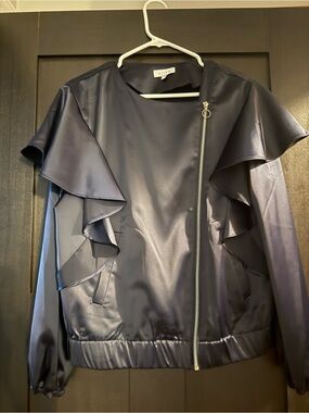 Vince Navy Ruffle Sleeve Asymmetrical Zip Jacket